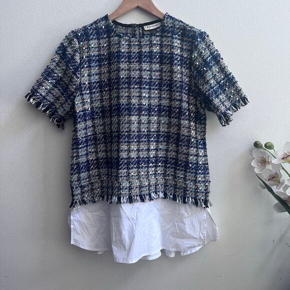 Neiman Marcus Women's Knitted Tweed Short Sleeve Blue Multicolor Blouse Size M - Picture 1 of 7